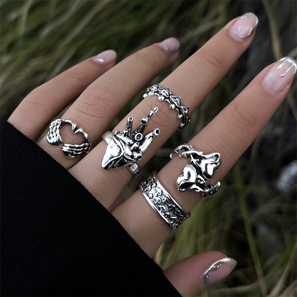 Heavy Metal Trendy Hip Hop Ring Men's Retro Old Bat Skull Snake Ring Set