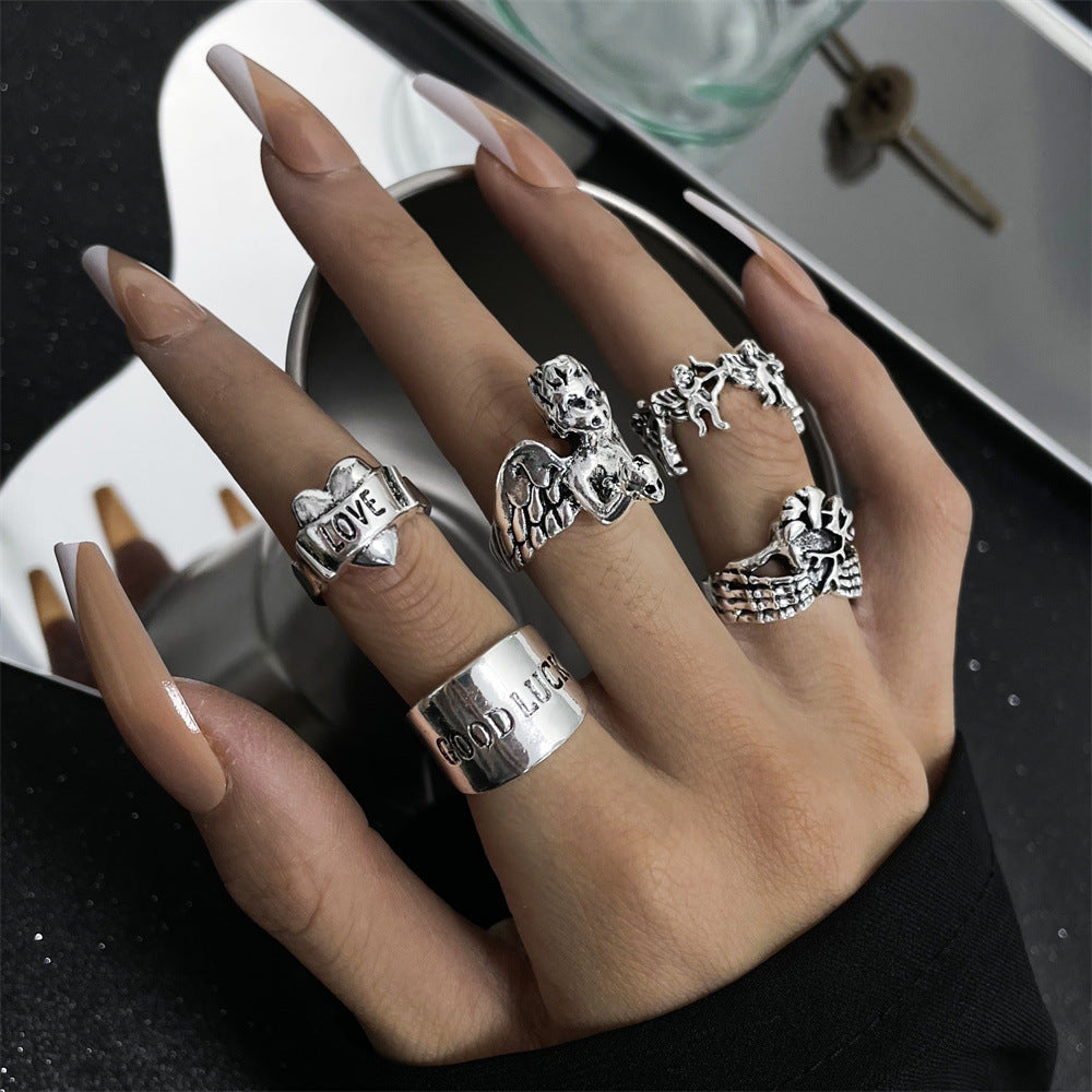 Heavy Metal Trendy Hip Hop Ring Men's Retro Old Bat Skull Snake Ring Set