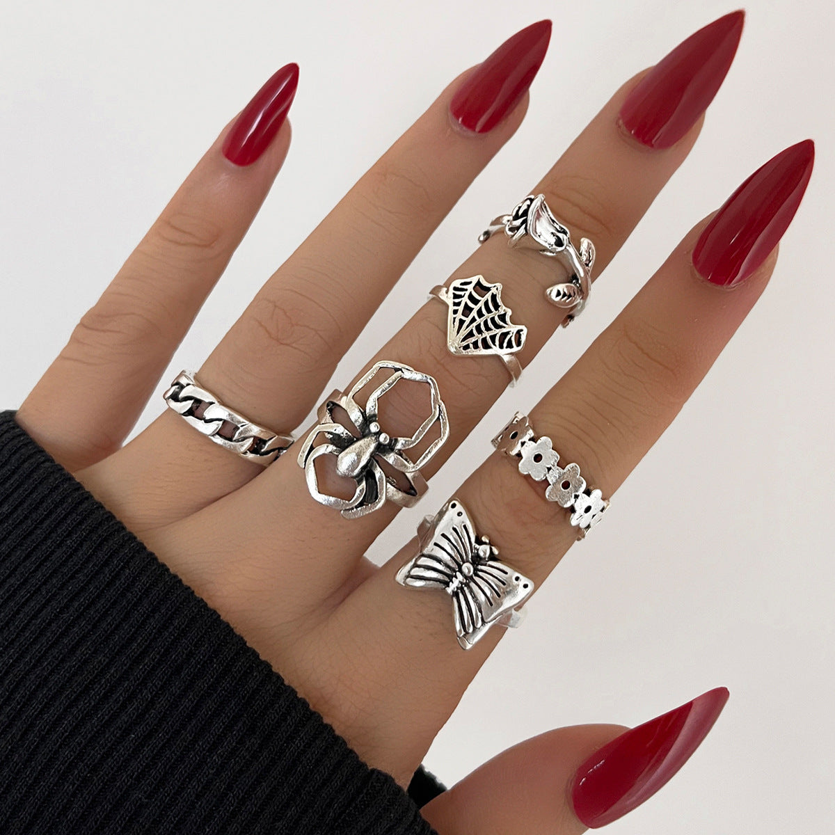 Heavy Metal Trendy Hip Hop Ring Men's Retro Old Bat Skull Snake Ring Set
