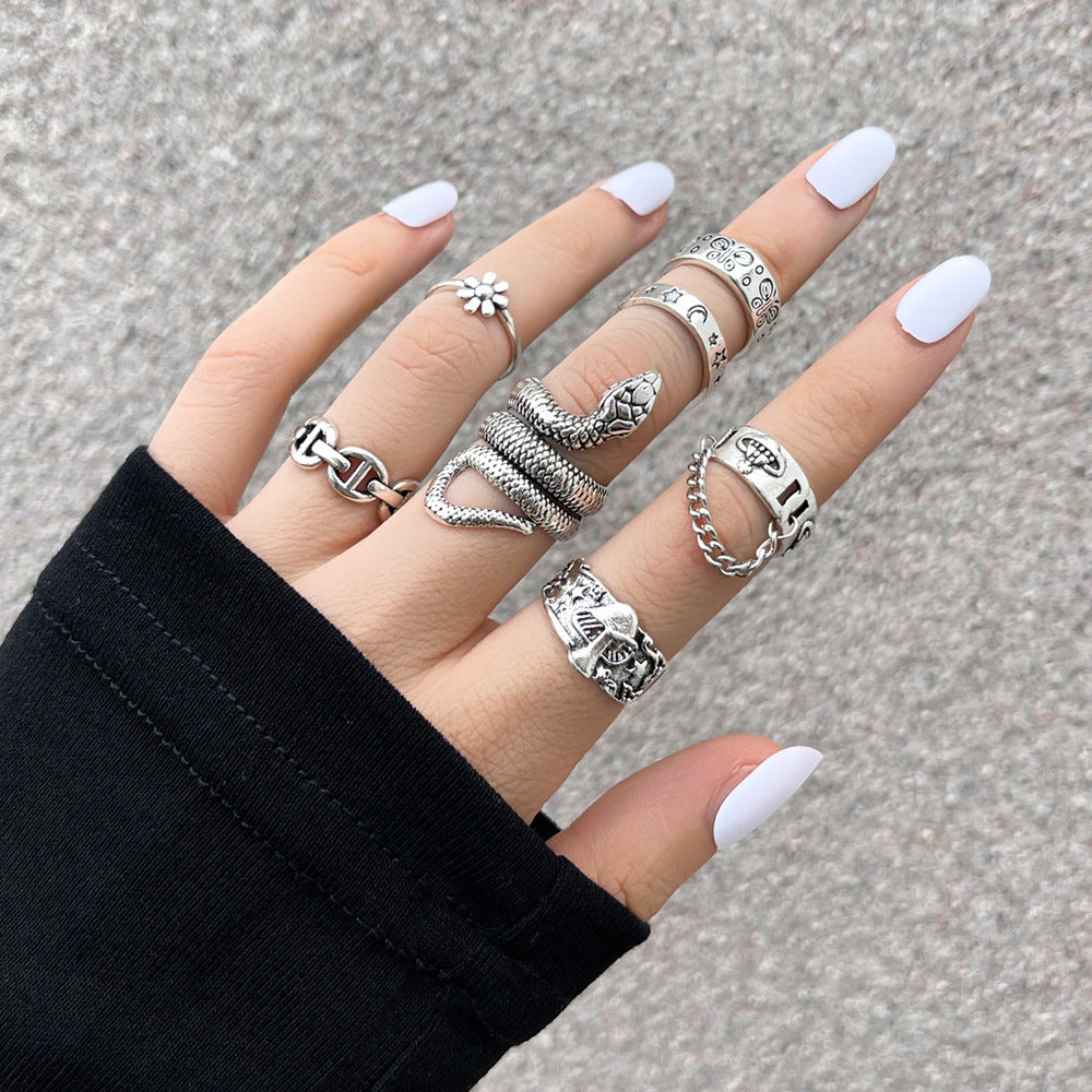 Heavy Metal Trendy Hip Hop Ring Men's Retro Old Bat Skull Snake Ring Set