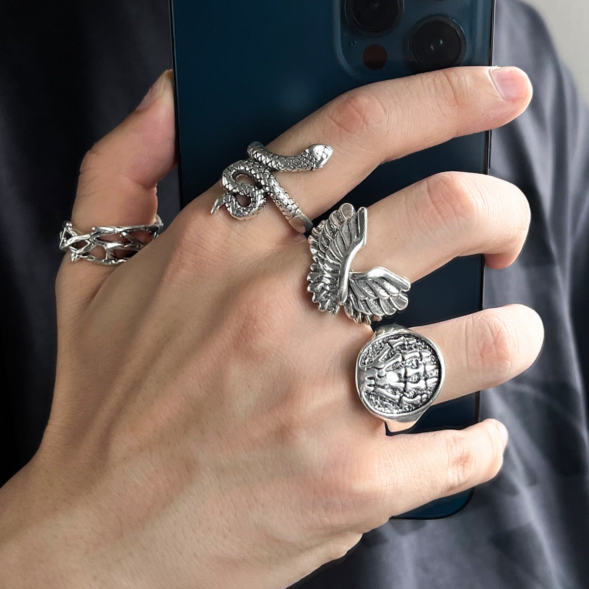 Heavy Metal Trendy Hip Hop Ring Men's Retro Old Bat Skull Snake Ring Set