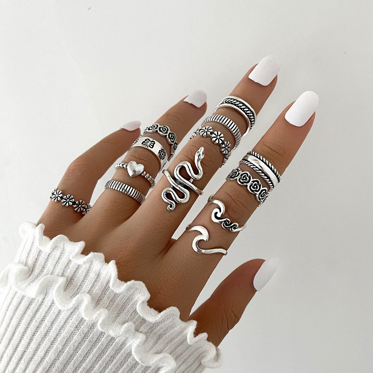 Heavy Metal Trendy Hip Hop Ring Men's Retro Old Bat Skull Snake Ring Set