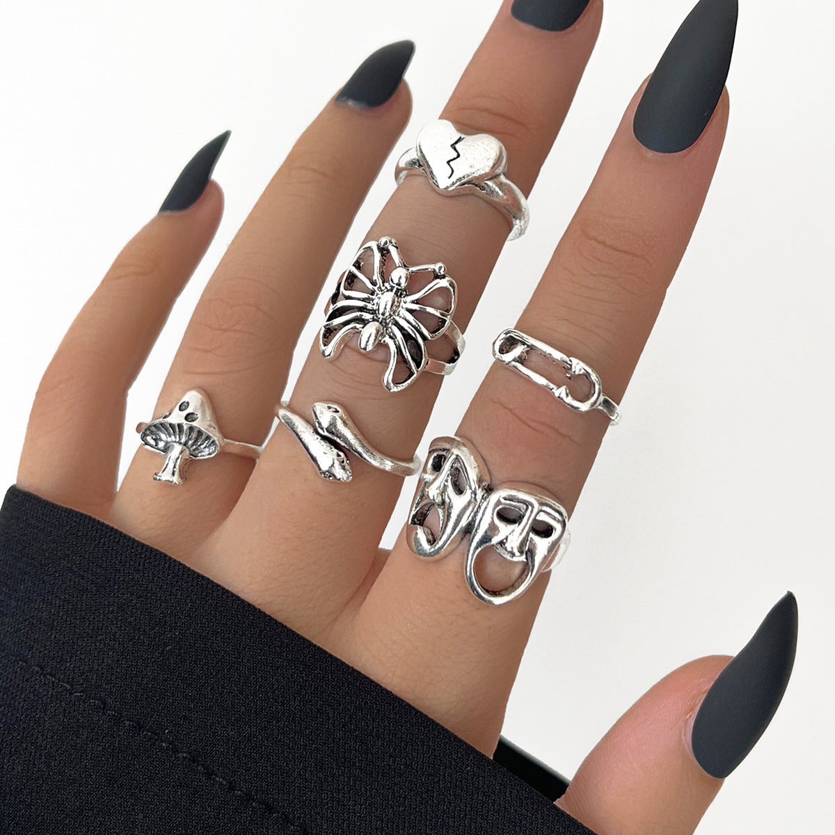 Heavy Metal Trendy Hip Hop Ring Men's Retro Old Bat Skull Snake Ring Set