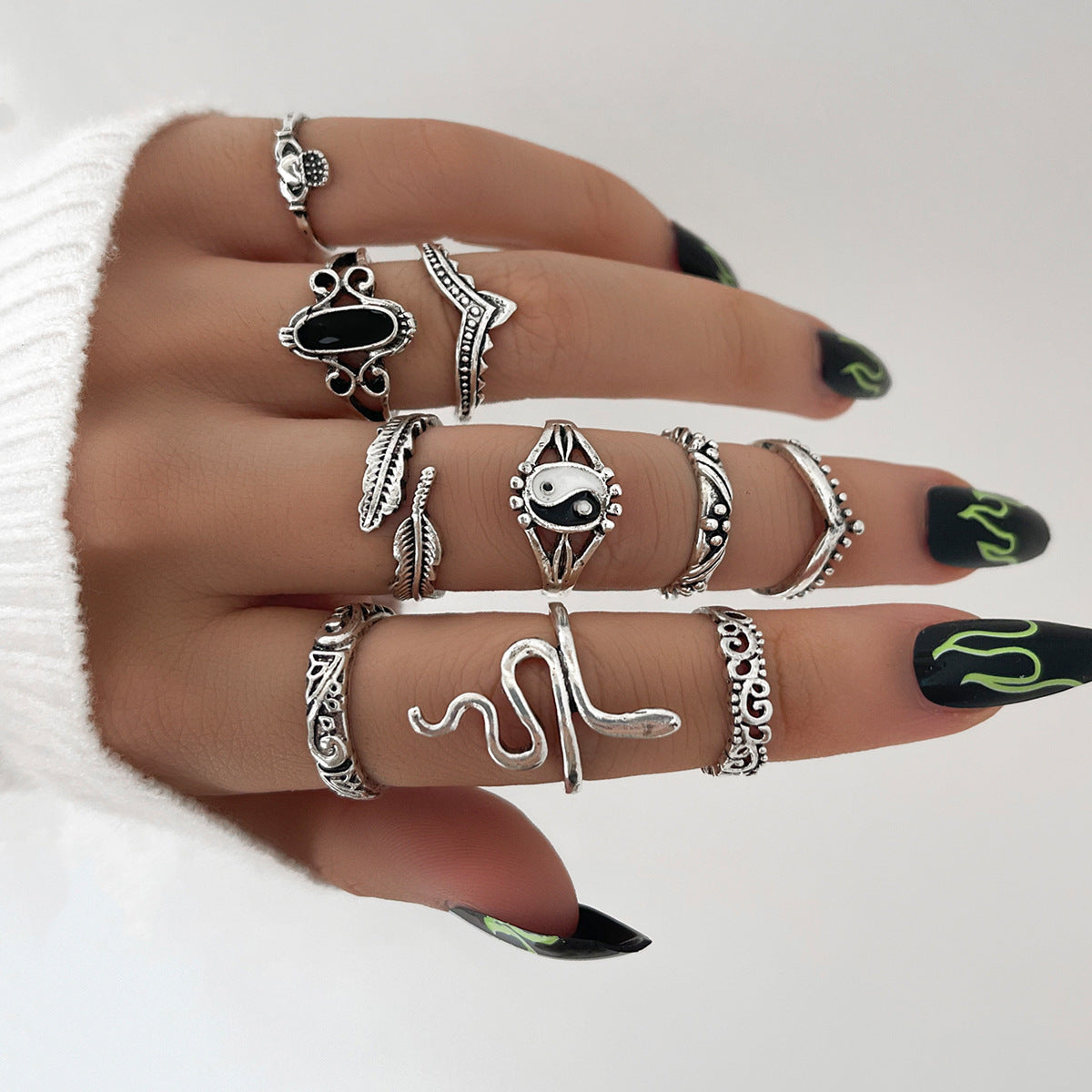 Heavy Metal Trendy Hip Hop Ring Men's Retro Old Bat Skull Snake Ring Set