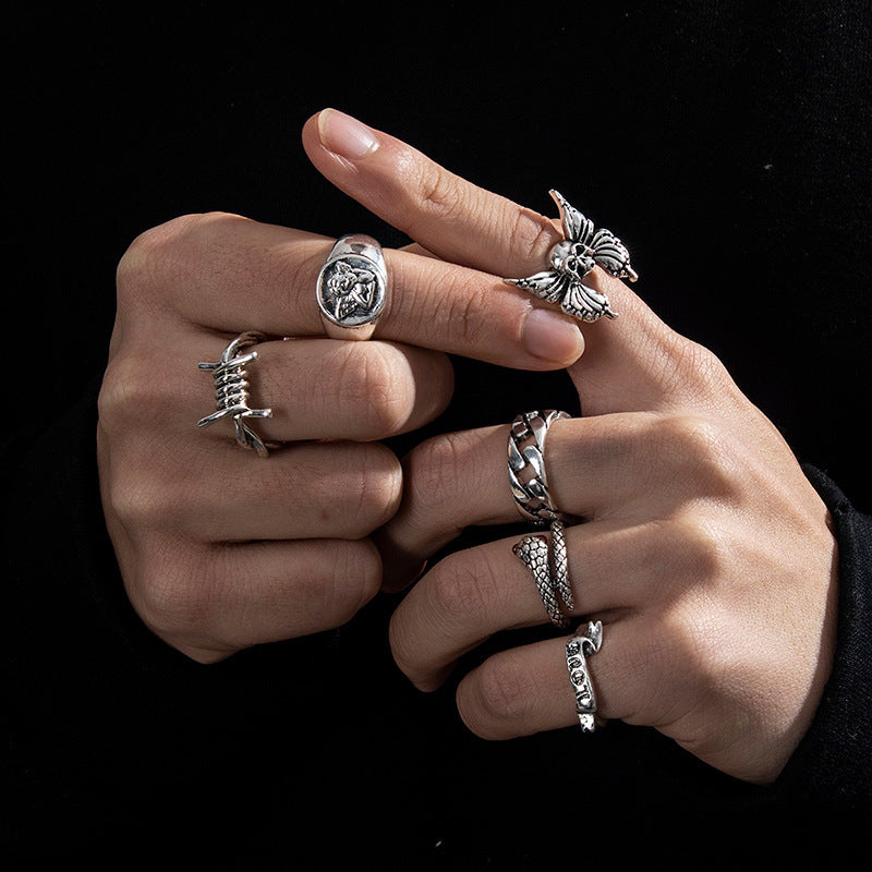 Heavy Metal Trendy Hip Hop Ring Men's Retro Old Bat Skull Snake Ring Set