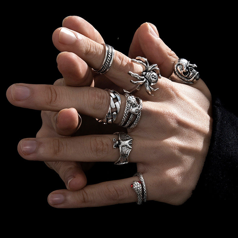 Heavy Metal Trendy Hip Hop Ring Men's Retro Old Bat Skull Snake Ring Set