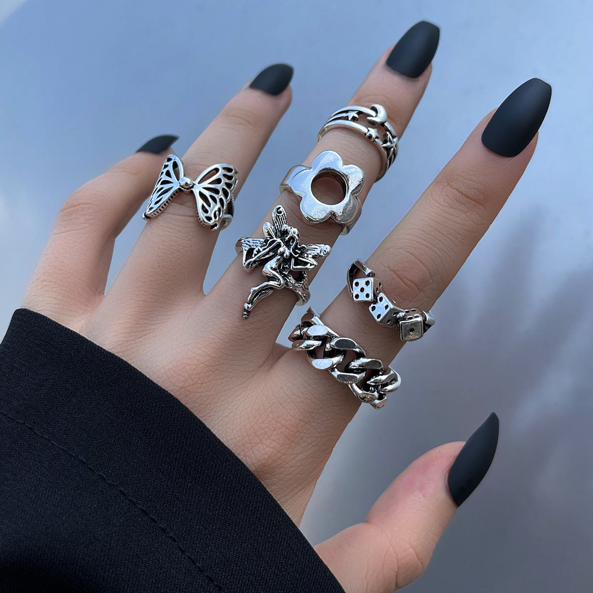 Heavy Metal Trendy Hip Hop Ring Men's Retro Old Bat Skull Snake Ring Set