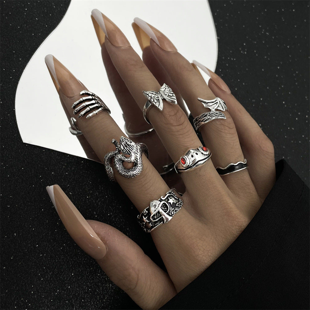 Heavy Metal Trendy Hip Hop Ring Men's Retro Old Bat Skull Snake Ring Set