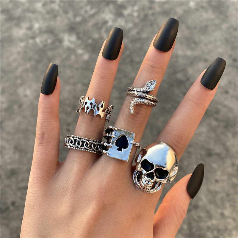 Heavy Metal Trendy Hip Hop Ring Men's Retro Old Bat Skull Snake Ring Set