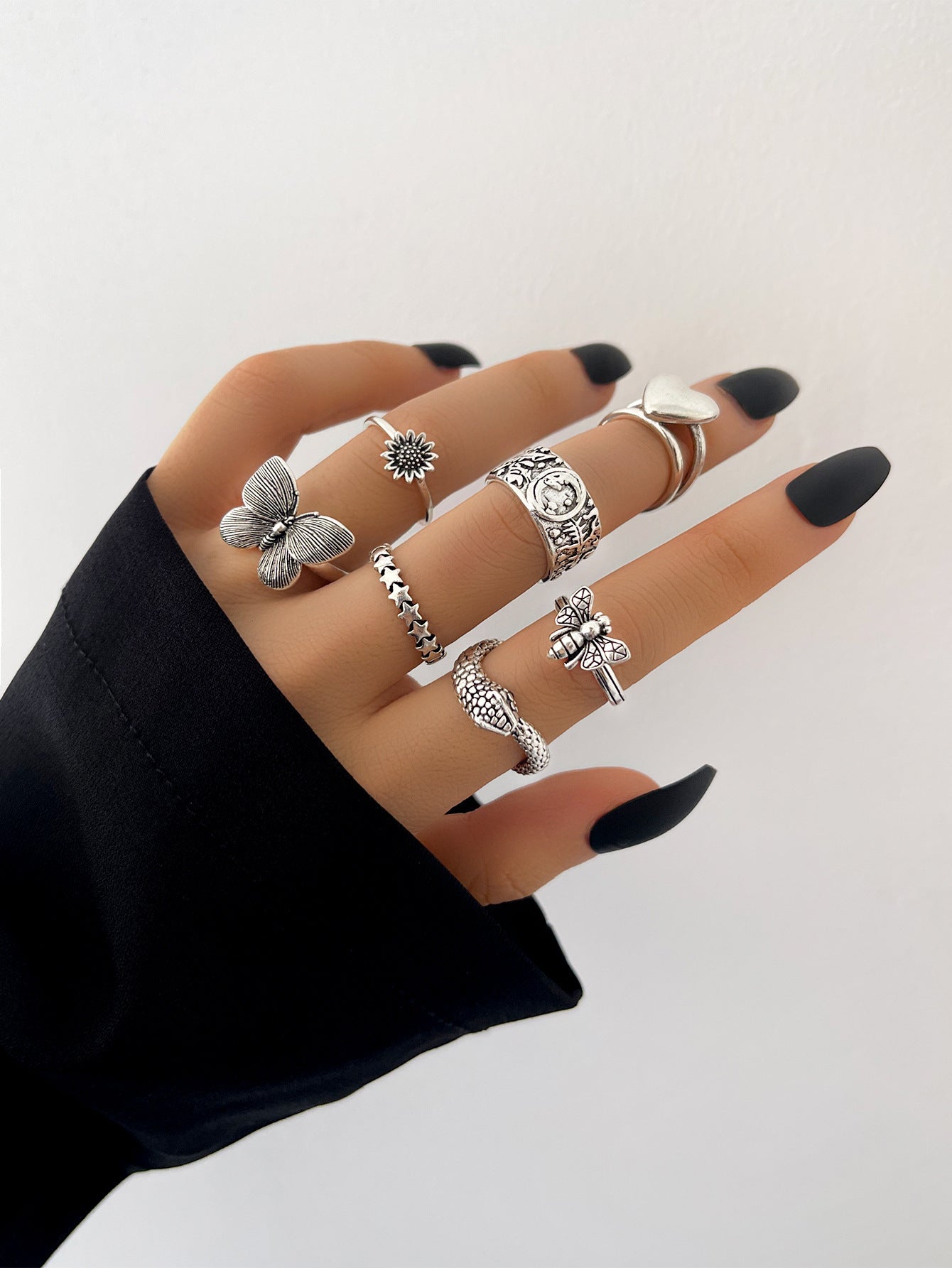 Heavy Metal Trendy Hip Hop Ring Men's Retro Old Bat Skull Snake Ring Set