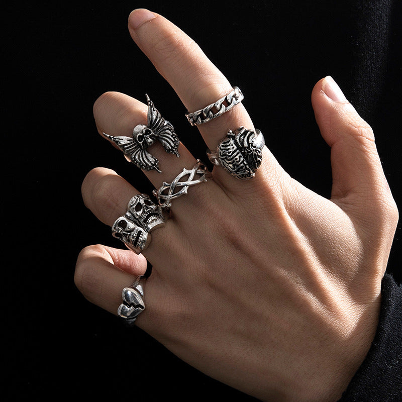 Heavy Metal Trendy Hip Hop Ring Men's Retro Old Bat Skull Snake Ring Set