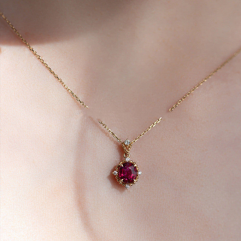 S925 Sterling Silver 14K Gold Plated Red Zircon Necklace