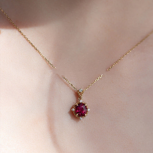 S925 Sterling Silver 14K Gold Plated Red Zircon Necklace