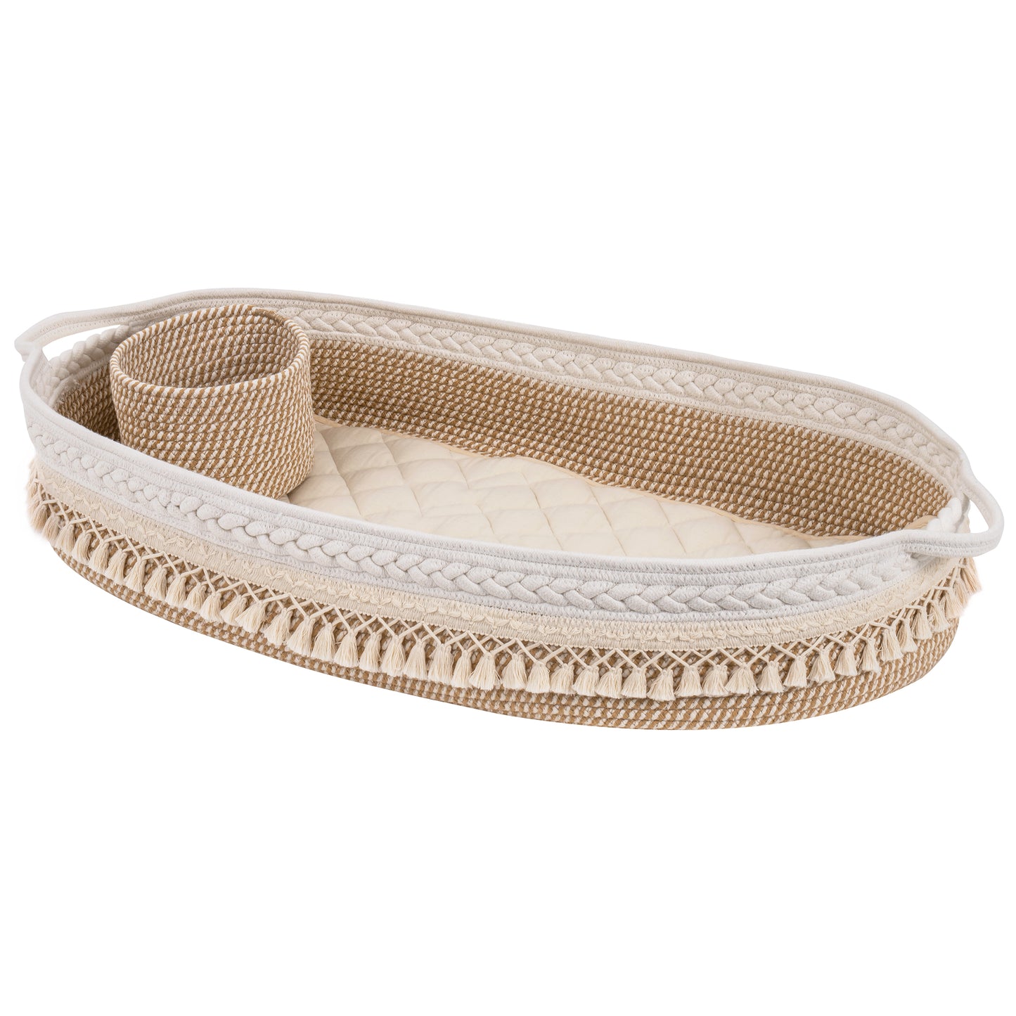 Baby Changing Basket, Handmade Woven Cotton Rope Moses Basket, Changing Table Topper with Mattress Pad(Beige&amp;Brown)