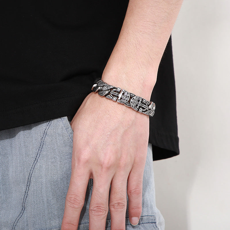 Punk Style Trendy Pattern Bracelet Retro Old Casting Pharaoh Ancient Egyptian Cross Titanium Steel Men's Bracelet