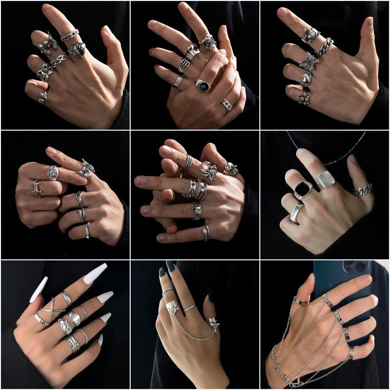 Heavy Metal Trendy Hip Hop Ring Men's Retro Old Bat Skull Snake Ring Set